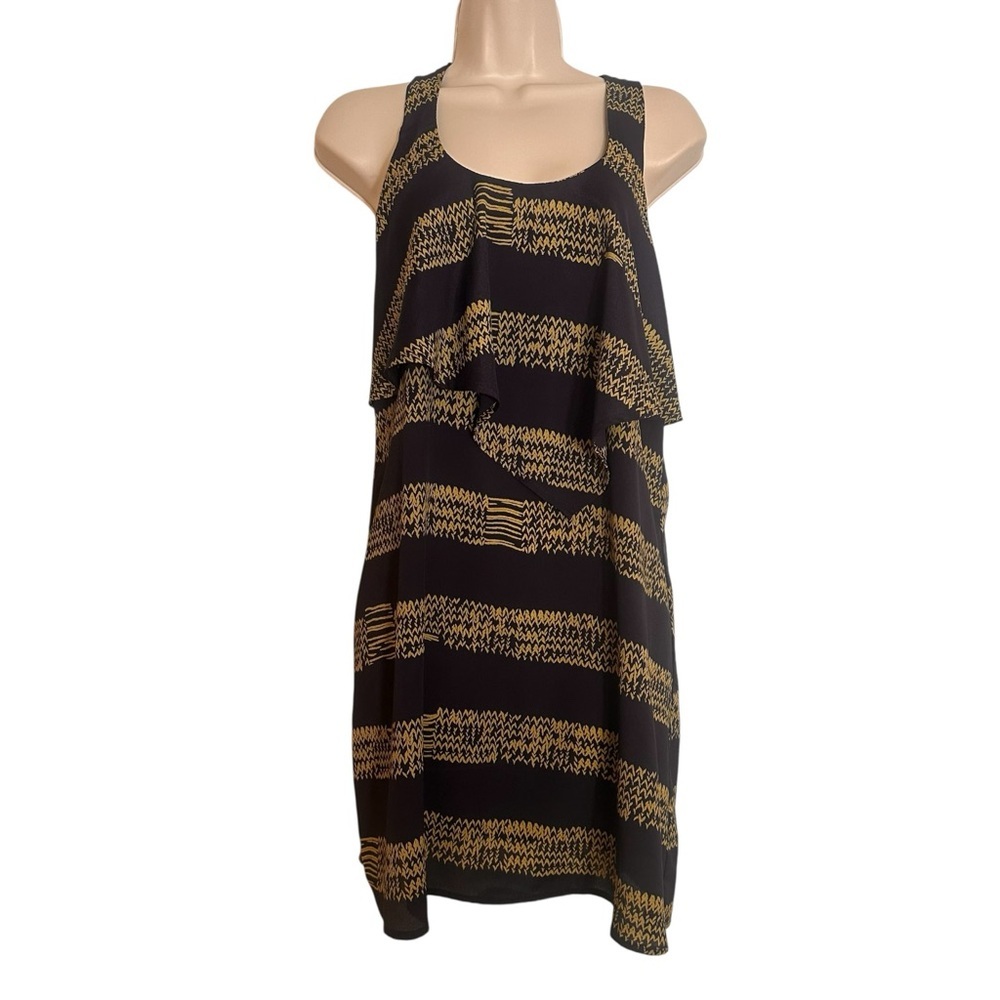 Hello Miss Women’s Navy Yellow Patterned Ruffle Mini Dress Small